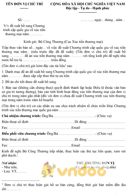 Mẫu văn bản đề xuất bổ sung chương trình cấp quốc gia về xúc tiến thương mại