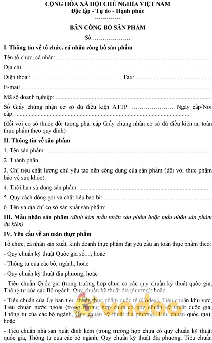 Mẫu bản công bố sản phẩm