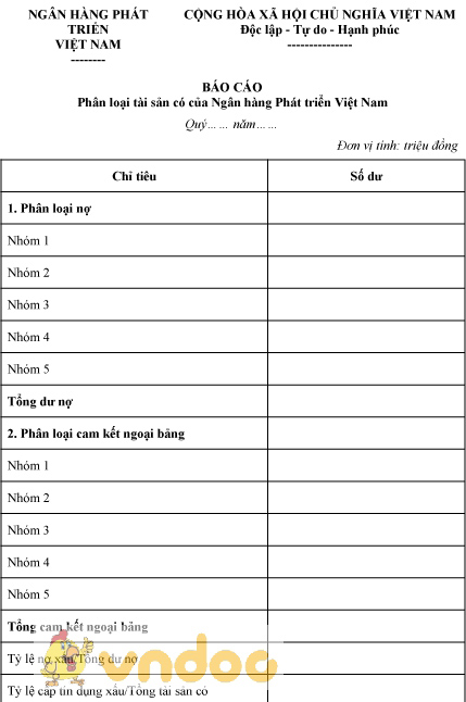 Mẫu báo cáo phân loại tài sản có của ngân hàng