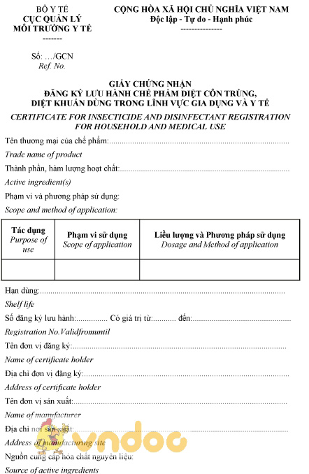 Mẫu giấy chứng nhận đăng ký lưu hành chế phẩm diệt côn trùng, diệt khuẩn
