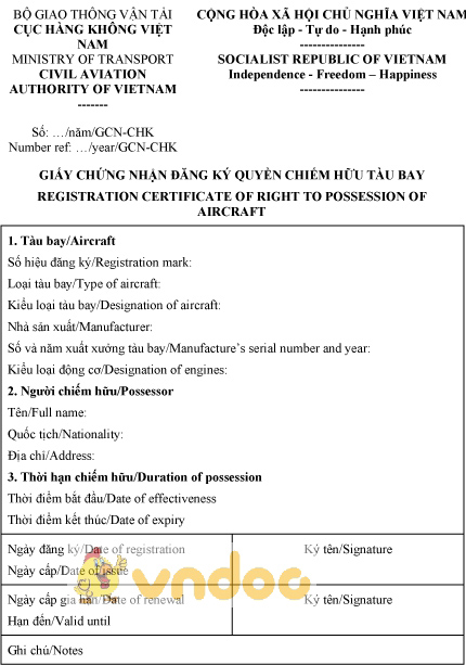 Mẫu giấy chứng nhận đăng ký quyền chiếm hữu tàu bay