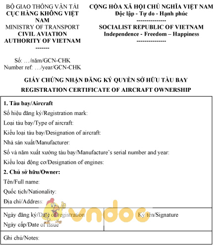 Mẫu giấy chứng nhận đăng ký quyền sở hữu tàu bay
