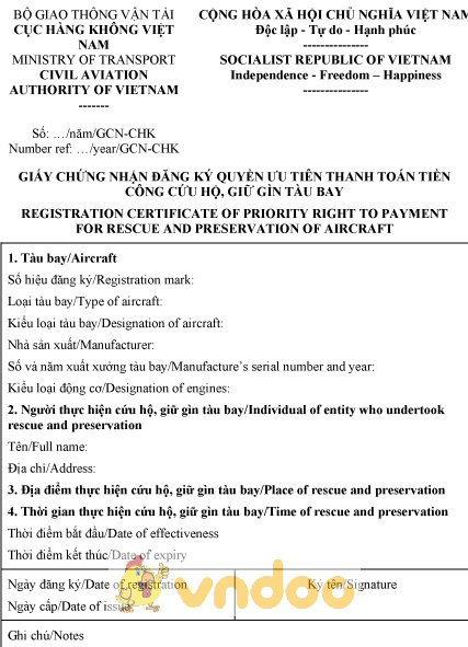 Mẫu giấy chứng nhận đăng ký quyền ưu tiên thanh toán tiền công cứu hộ, giữ gìn tàu bay