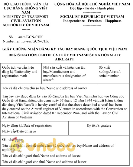 Mẫu giấy chứng nhận đăng ký tàu bay mang quốc tịch Việt Nam