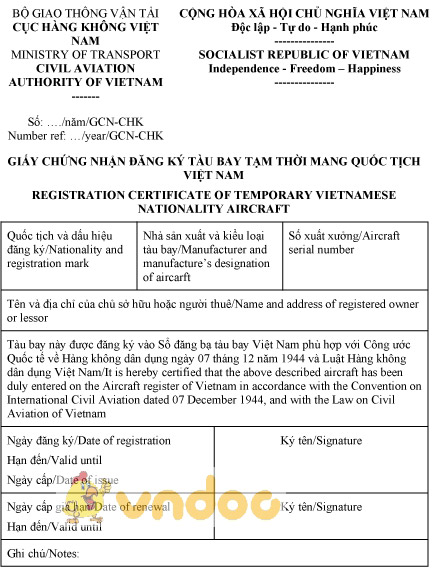 Mẫu giấy chứng nhận đăng ký tàu bay tạm thời mang quốc tịch Việt Nam