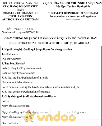 Mẫu giấy chứng nhận xóa đăng ký các quyền đối với tàu bay