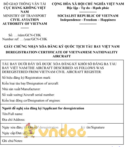 Mẫu giấy chứng nhận xóa đăng ký quốc tịch tàu bay Việt Nam