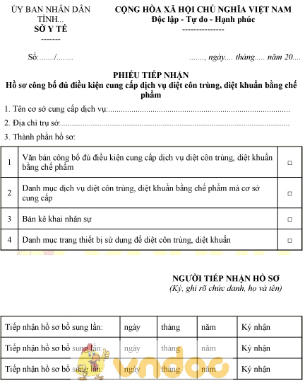 Mẫu phiếu tiếp nhận hồ sơ công bố đủ điều kiện cung cấp dịch vụ diệt côn trùng bằng chế phẩm
