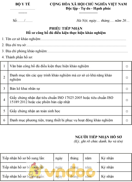 Mẫu phiếu tiếp nhận hồ sơ công bố đủ điều kiện thực hiện khảo nghiệm