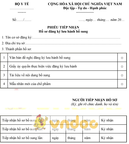 Mẫu phiếu tiếp nhận hồ sơ đăng ký lưu hành bổ sung