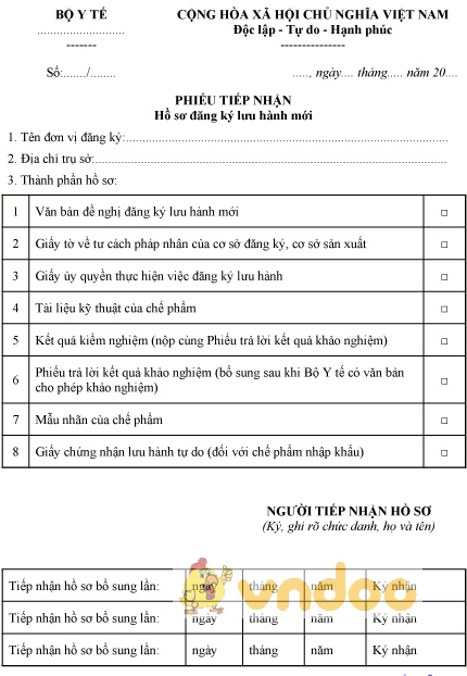 Mẫu phiếu tiếp nhận hồ sơ đăng ký lưu hành mới