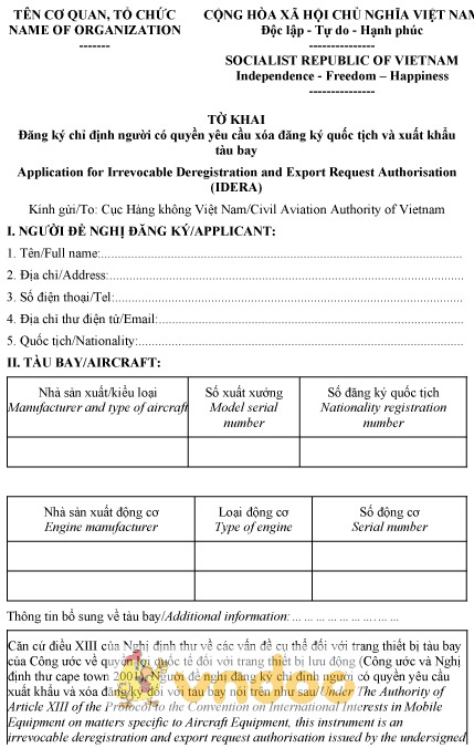 Mẫu tờ khai đăng ký chỉ định người có quyền yêu cầu xóa đăng ký quốc tịch, xuất khẩu tàu bay