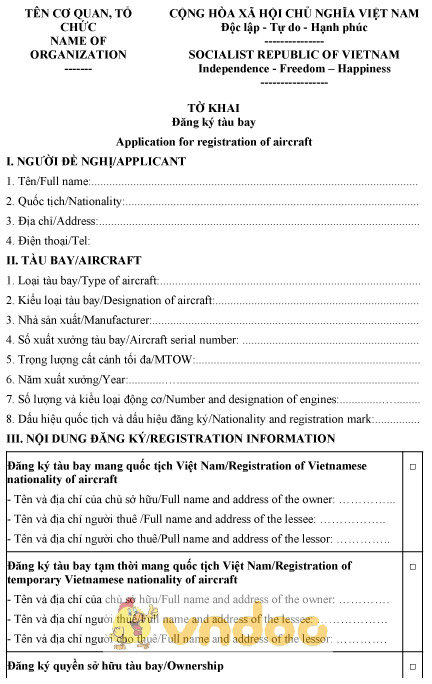 Mẫu tờ khai đăng ký tàu bay