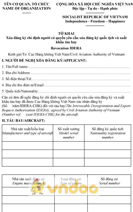 Mẫu tờ khai xóa đăng ký chỉ định người có quyền yêu cầu xóa đăng ký quốc tịch và xuất khẩu tàu bay