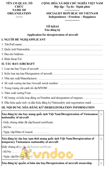 Mẫu tờ khai xóa đăng ký tàu bay