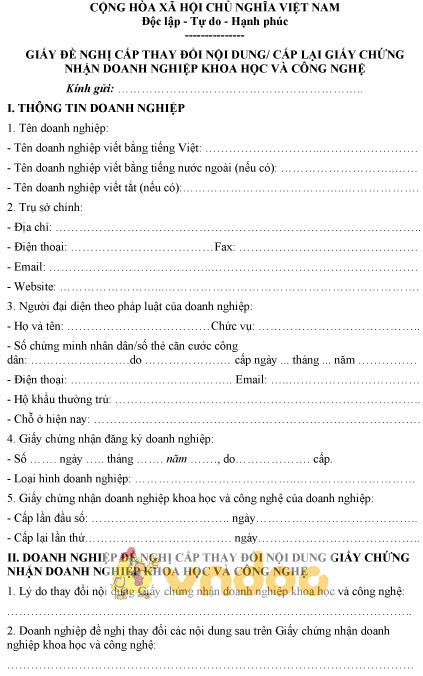 Mẫu giấy đề nghị cấp thay đổi nội dung, cấp lại GCN doanh nghiệp khoa học và công nghệ