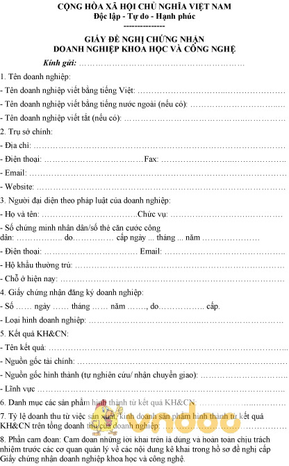 Mẫu giấy đề nghị chứng nhận doanh nghiệp khoa học và công nghệ