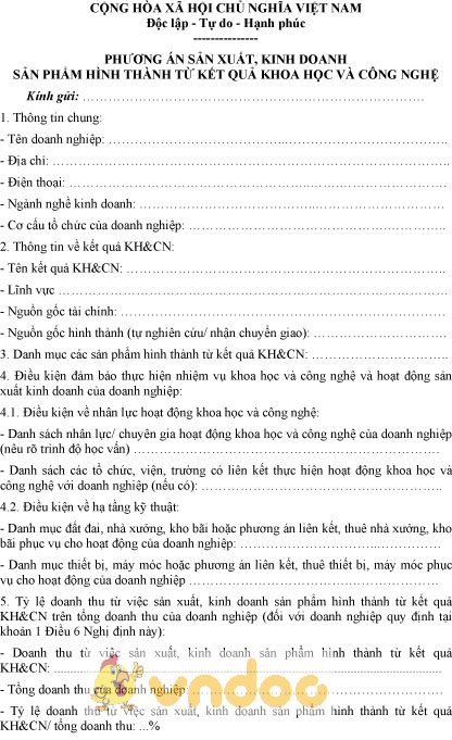 Mẫu phương án sản xuất, kinh doanh sản phẩm hình thành từ kết quả khoa học và công nghệ