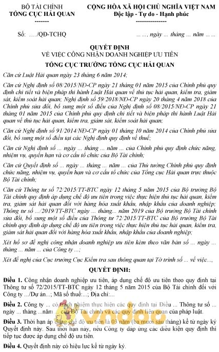 Mẫu quyết định công nhận doanh nghiệp ưu tiên