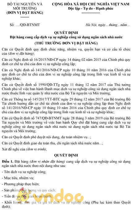 Mẫu quyết định đặt hàng cung cấp dịch vụ sự nghiệp công sử dụng ngân sách nhà nước