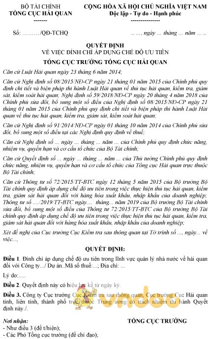 Mẫu quyết định đình chỉ áp dụng chế độ ưu tiên