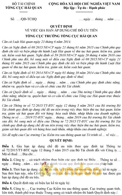 Mẫu quyết định gia hạn áp dụng chế độ ưu tiên