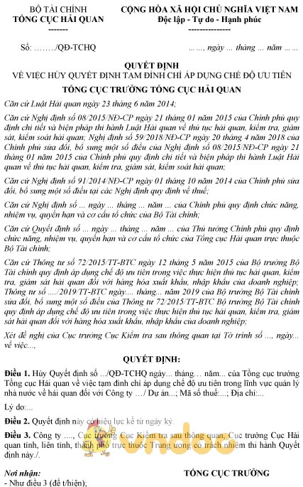 Mẫu quyết định hủy quyết định tạm đình chỉ áp dụng chế độ ưu tiên