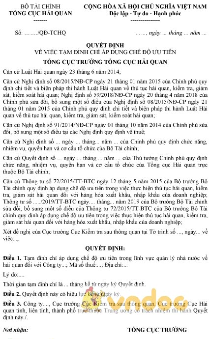 Mẫu quyết định tạm đình chỉ áp dụng chế độ ưu tiên