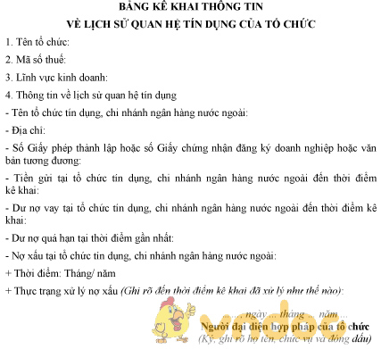 Mẫu bảng kê khai thông tin lịch sử quan hệ tín dụng của tổ chức