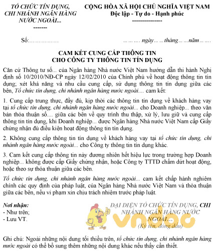 Mẫu cam kết cung cấp thông tin cho công ty thông tin tín dụng