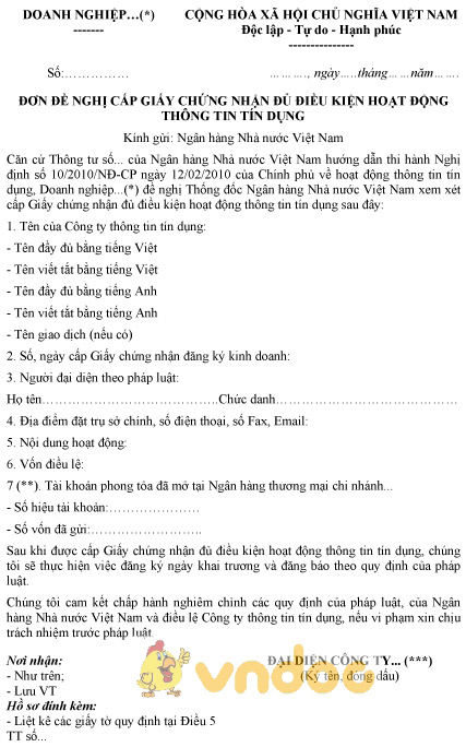 Mẫu đơn đề nghị cấp giấy chứng nhận đủ điều kiện hoạt động thông tin tín dụng