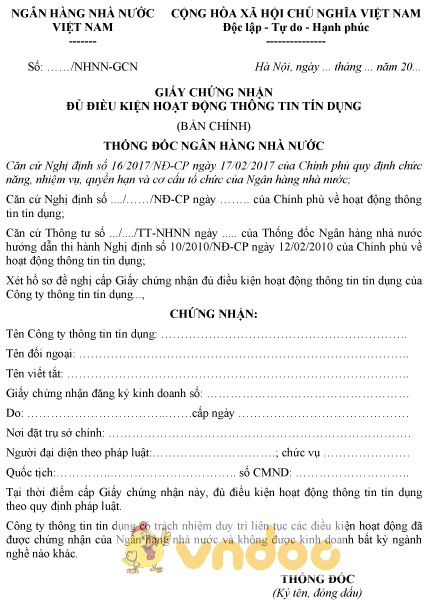 Mẫu giấy chứng nhận đủ điều kiện hoạt động thông tin tín dụng