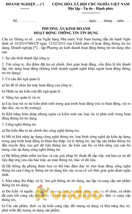 Mẫu phương án kinh doanh hoạt động thông tin tín dụng