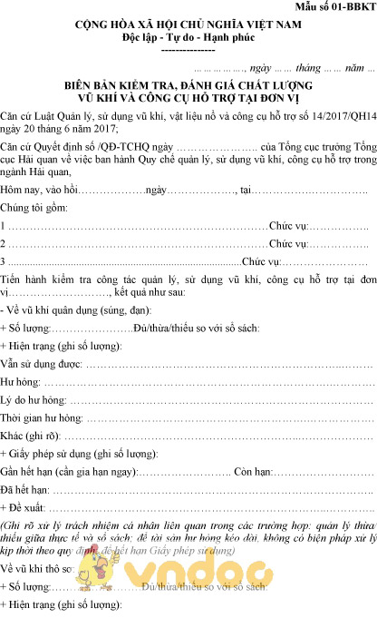 Mẫu số 01-BBKT: Biên bản kiểm tra, đánh giá chất lượng vũ khí, công cụ hỗ trợ tại đơn vị