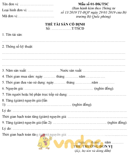 Mẫu số 01-ĐK/TSC: Thẻ tài sản cố định