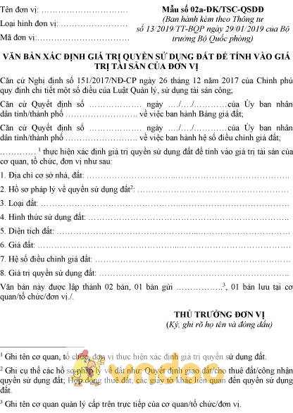 Mẫu số 02a-ĐK/TSC-QSDĐ: Văn bản xác định giá trị quyền sử dụng đất để tính giá trị tài sản