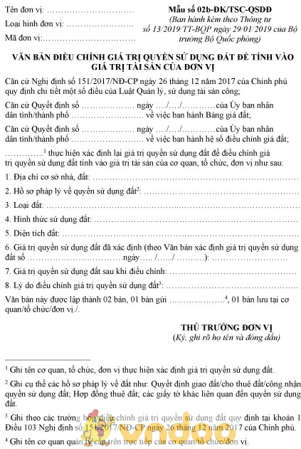 Mẫu số 02b-ĐK/TSC-QSDĐ: Văn bản điều chỉnh giá trị quyền sử dụng đất