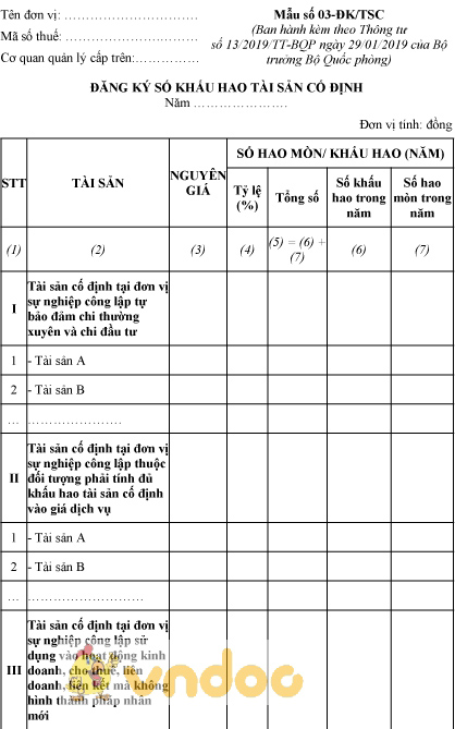 Mẫu số 03-ĐK/TSC: Đăng ký số khấu hao tài sản cố định