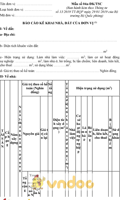 Mẫu số 04a-ĐK/TSC: Báo cáo kê khai nhà, đất của đơn vị