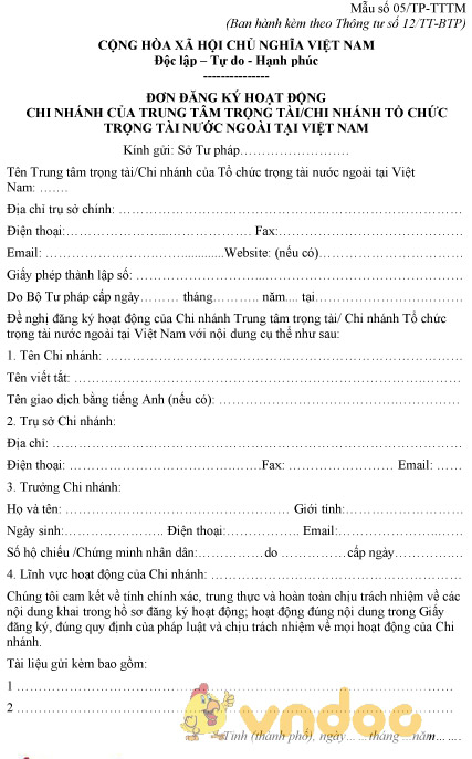 Mẫu số 05/TP-TTTM: Đơn đăng ký hoạt động chi nhánh tổ chức trọng tài nước ngoài