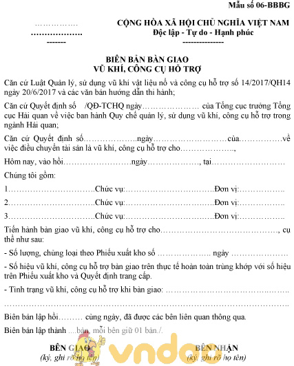 Mẫu số 06-BBBG: Biên bản bàn giao vũ khí, công cụ hỗ trợ