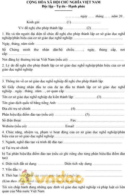 Mẫu văn bản đề nghị cho phép thành lập cơ sở giáo dục nghề nghiệp có vốn đầu tư nước ngoài