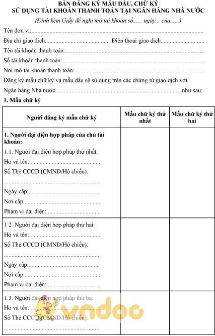 Mẫu bản đăng ký mẫu dấu, chữ ký sử dụng tài khoản thanh toán tại ngân hàng nhà nước