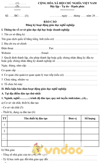 Mẫu báo cáo đăng ký hoạt động giáo dục nghề nghiệp