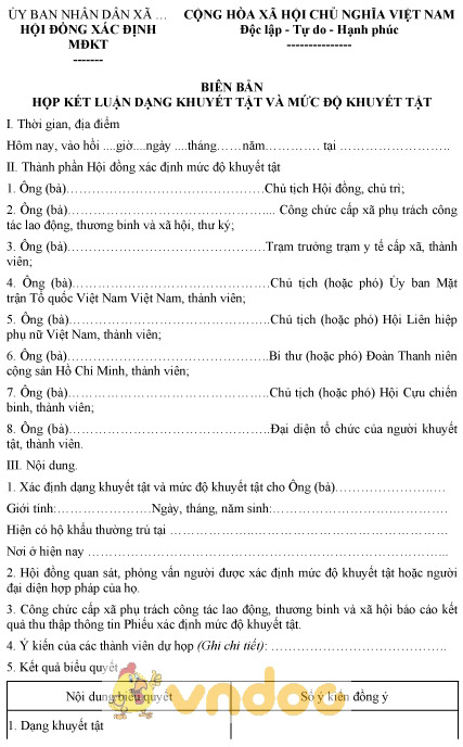 Mẫu biên bản họp kết luận dạng khuyết tật và mức độ khuyết tật