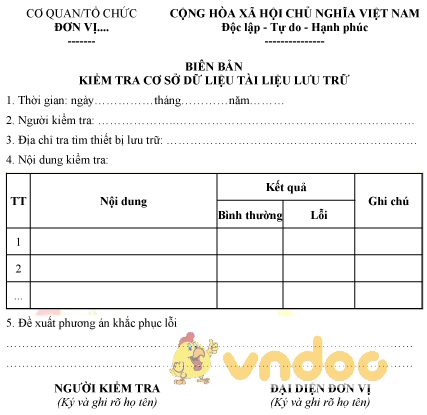 Mẫu biên bản kiểm tra cơ sở dữ liệu tài liệu lưu trữ