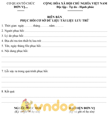 Mẫu biên bản phục hồi cơ sở dữ liệu tài liệu lưu trữ