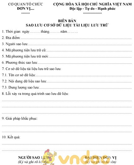 Mẫu biên bản sao lưu cơ sở dữ liệu tài liệu lưu trữ