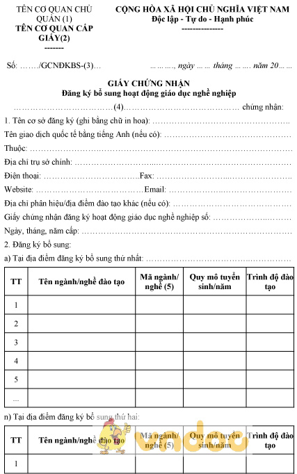 Mẫu giấy chứng nhận đăng ký bổ sung hoạt động giáo dục nghề nghiệp