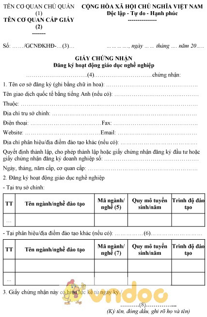 Mẫu giấy chứng nhận đăng ký hoạt động giáo dục nghề nghiệp